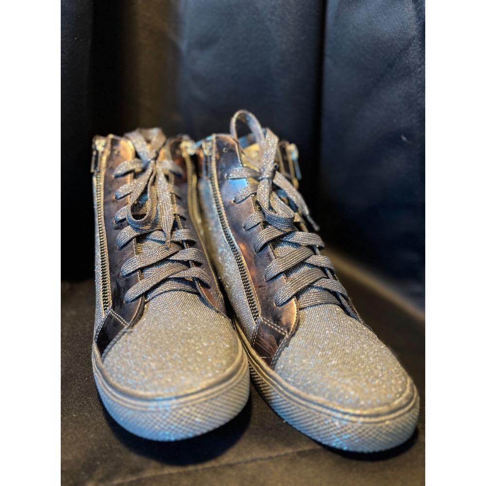 Silver Glitter High Top Sneakers Metallic Patent Trim Double Zip Fashion Shoes‎